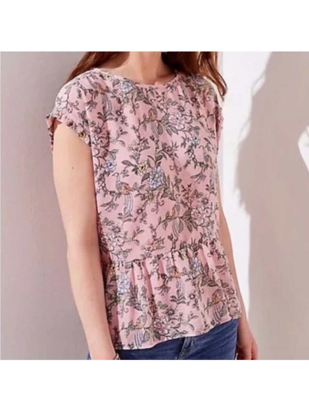 Loft Pink Floral Ruffled Sleeveless Peplum Top size M